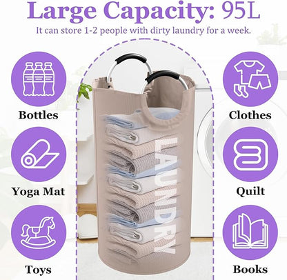 95L Folding Laundry Basket for Singles, Large Laundry Hamper with Aluminum Handles, Freestanding Dirty Clothes Basket, Sturdy Oxford Fabric Clothes Hampers for Travel, Dormitory, Khaki