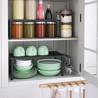 Cabinet Organizer Shelf(Set of 2),Kitchen Counter Shelves,Bamboo Spice Rack Countertop and Cabinet,Stackable Expandable,Large(Black)
