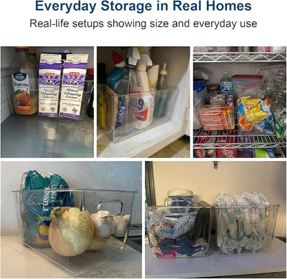 MOONEDGE Open Clear Plastic Storage Bins Stackable Organizer Containers with Handles for Kitchen, Pantry, Fridge, Cabinet, Closet Storage & Home Organization 8 Pack（11 x 8 x 6 in）