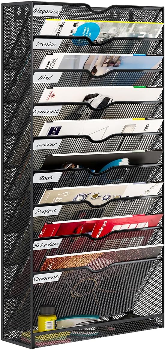 Hanging Wall File Organizer,10-Tier Desk File Mail Holder, Paper Bill Organization For Office Home School, Black