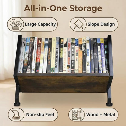 DVD & CD Storage Rack, Blu ray Storage Shelve Holds Up To 28 DVD Cases, Wooden Media Holder also Used for CDs, Video Game, Vhs Taps Storage, Retro Style Desktop organizer