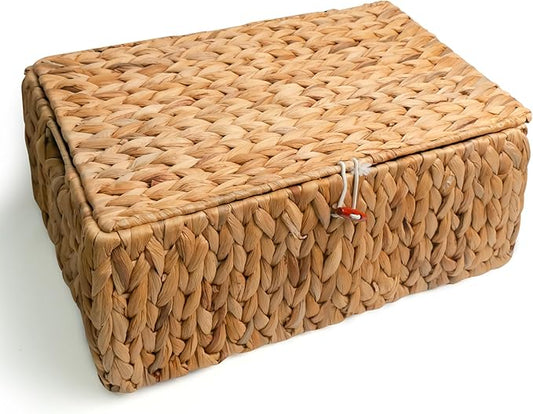 KOKODO Rectangular Water Hyacinth Basket with Lid for Organizing, Wicker Basket with Lid for Shelves and Closet, Handwoven Storage Basket with Lid and Handles
