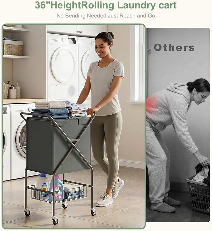 Laundry Basket with Wheels:88L Rolling Laundry Cart Foldable Metal Frame Dirty Clothes Laundry Hamper 36"H 4 Caster 2 Brake Waterproof Removable Liner Carry Handle for Dorm Laundry Room,Gray
