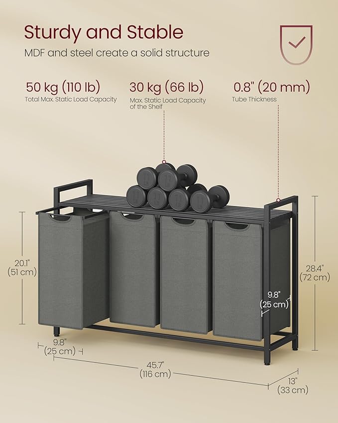 VASAGLE Laundry Hamper, Laundry Basket, Laundry Sorter with 4 Pull-Out and Removable Bags, Shelf, Metal Frame, 4 x 10.6 Gallons (40 L), 45.7 x 13 x 28.4 Inches, Slate Gray and Charcoal Gray UBLH401G01