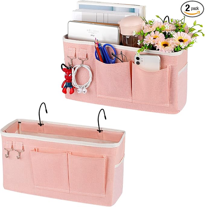 Ozzptuu Bedside Storage Caddy/Bedside Hanging Storage Bag for Headboards Bunk Beds Dorm Rooms Book Phone Magazine Holder (2PC Light Pink)