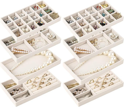 8 Pcs Jewelry Drawer Organizers, Velvet Jewelry Trays for Drawer, Stackable Jewelry Trays Ideal for Rings, Earrings, Bracelets, Necklaces, Grey (Beige)