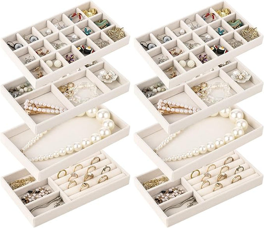 8 Pcs Jewelry Drawer Organizers, Velvet Jewelry Trays for Drawer, Stackable Jewelry Trays Ideal for Rings, Earrings, Bracelets, Necklaces, Grey (Beige)