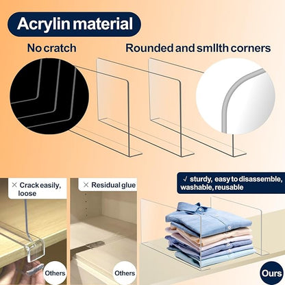 Acrylic Shelf Dividers For Closet Organization，Sweater Organizer For Closet - 10pack 8” Tall Clear Plastic Shelf Dividers For Closets Shelves Cabinets