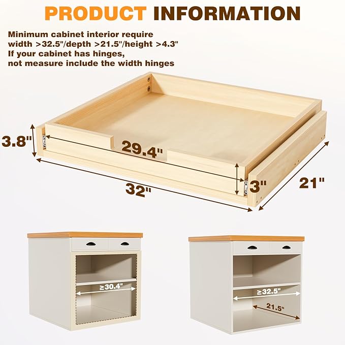 Pullout Cabinet Organizer, 32''W×21''D×3''H Slide Out Shelves for Kitchen Cabinets, Pull out Drawers for Kitchen Cabinets, Pantry, Bathroom, & Storage Organization