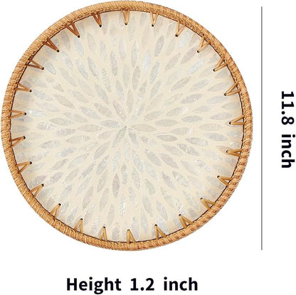 Round Rattan Tray with Mother of Pearl Inlay, Rattan Serving Tray with Wooden Base, Decorative Wicker Basket for Table Decor, Storage and Display of Coffee Bread Food Fruit (Leaf 2)