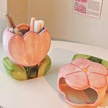 Blue Flower Desk Pen Holder Accessories for Desk Aesthetic Cute Toothbrush Holder Makeup Pencil Holders Office Home Decor Birthday Gifts for Women Vanity Kawaii Kitchen Utensil Holder