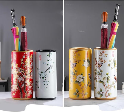 Umbrella Stand Painted Porcelain Handmade Living Room Floor-Standing Cane,Vintage Ceramics Decorative Flower Vases for Home Office Entrance(Black)
