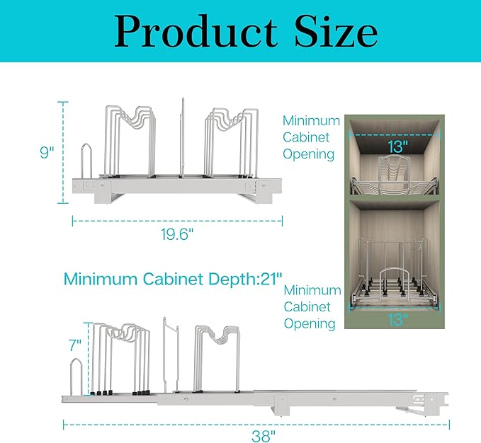 STORKING Pots and Pans Pull Out Organizer Under Cabinet, Adjustable Slide Out Pan and Pot Lid Rack Holder, Wire Dividers Kitchen Organization And Storage, Full-Extension Rail 12" W X 20" D
