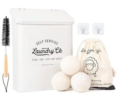Magnetic Lint Bin for Laundry Room, Metal Trash Can with Lid for Dryer, Farmhouse Lint Holder, Laundry Co Sign, Laundry Room Storage Decor with Dryer Lint Brush (White-Dryer Ball Set)