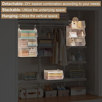 3 Tier Extra Large Closet Hanging Shelves with Divider, 16.5"L x 11.8"W x 33.6"H Closets Organizers and Storage with 5 S Hooks, Clothes Organizer for Sweaters Shoes Handbags Clutches Accessories-White