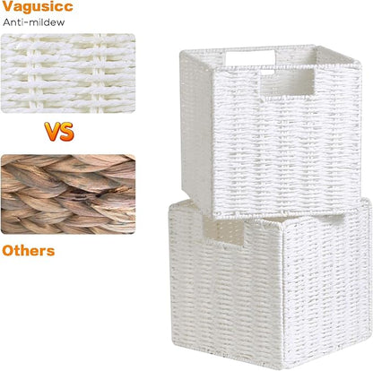 Vagusicc Wicker Storage Basket, Set of 2 Hand-Woven Wicker Baskets for Organizing, Foldable Cube Storage Basket Bins, 13 Inch Large Wicker Storage Baskets for Shelves & Decor, White (13''x13''x13'')