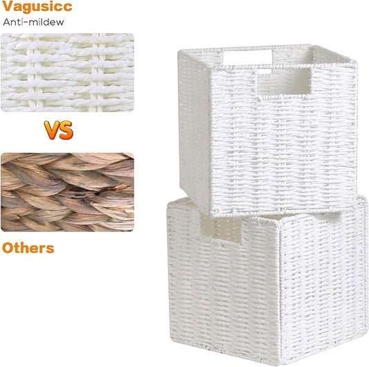 Vagusicc Wicker Storage Basket, Set of 2 Hand-Woven Wicker Baskets for Organizing, Foldable Cube Storage Basket Bins, 13 Inch Large Wicker Storage Baskets for Shelves & Decor, White (13''x13''x13'')