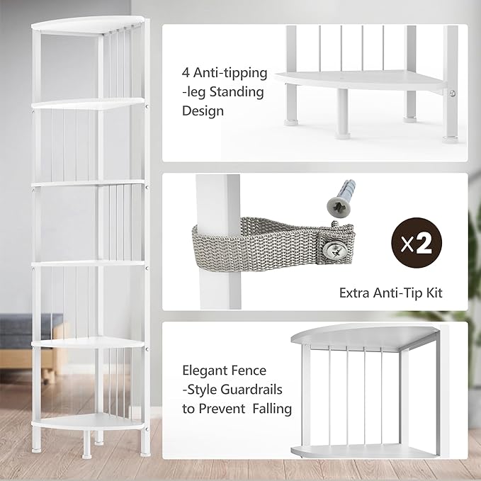 6 Tier Corner Shelf with Light, Music Synic 60000 DIY LED Color Smart Remote Tall Display Shelves Corner Shelf Stand Bookshelf Wood Rack Metal Frame for Living Game Room Bedroom, White