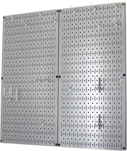 Wall Control Kitchen Pegboard Organizer Pots and Pans Storage Rack Organization Kit with Grey Pegboard and White Accessories