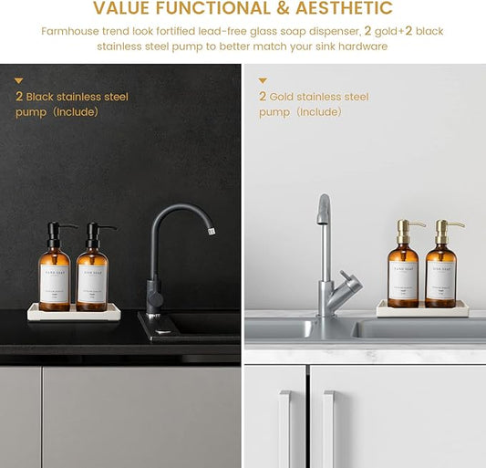 Glass Soap Dispenser for Kitchen, Farmhouse Dish & Hand Soap Dispenser Set, Rustproof Pump Bathroom Soap Lotion Dispenser with Tray, Waterproof Label for Kitchen Decor(Amber