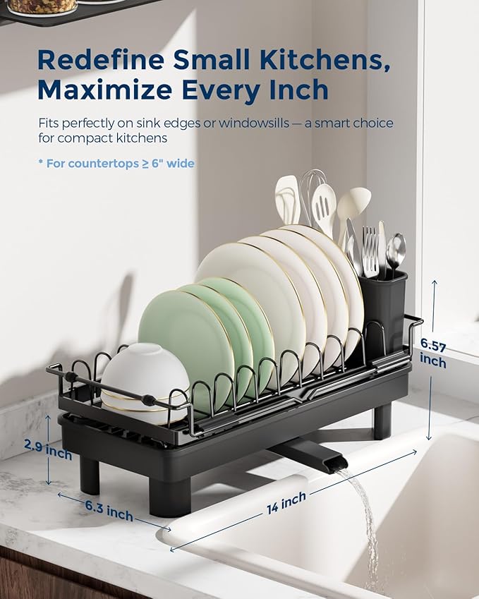 Nacial 2-in-1 Small Dish Drying Rack Fits 14''–21.8'' Sink, Dish Drainers for Kitchen Counter Extend Kitchen Sink Drain Basket with Utensil Holder & Auto-Drain Tray, Stainless Steel Plate Rack, Black