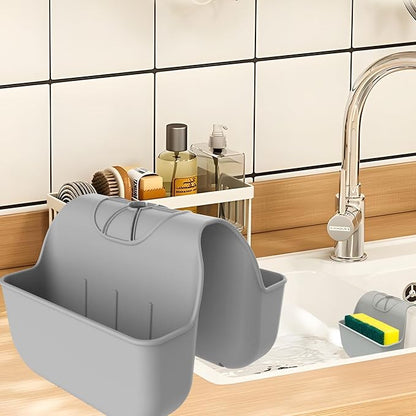 OKeanu Sponge Holder for Kitchen Sink, Silicone Sink Saddle Caddy Organizer Rack, Sponges Holder Over Faucet, Hanging Kitchen Sink Organizer Organizer Accessories Rack Basket - Grey