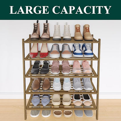 Smiry Bamboo Shoe Rack 5-Tier, Stackable Wooden Shoe Organizer for Entryway & Closet, Free Standing Wood Shoe Storage Shelf for Front Door & Small Spaces, Walnut