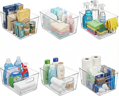 MOONEDGE Large Clear Plastic Storage Bins 6 Pack, 12" x 8" x 6" Durable Organizers for Kitchen, Pantry, Freezer, Closet & Bathroom – Food Safe, Easy to Clean, Perfect for Expanding Household Storage