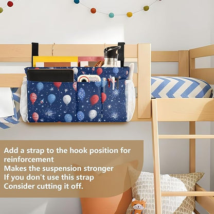 CuwrYet Bedside Caddy Hanging Bunk Bed Caddy Bed Organizer Hanging Pocket with 2 Hooks Bedside Storage Organizer Pocket Bag Holder Navy Blue Patriotic Balloons Fireworks