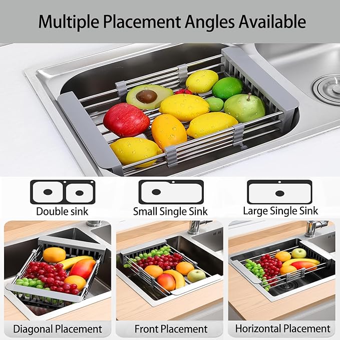 Large Dish Drying Rack for Kitchen Counter/Sink, Expandable Stainless Steel Sink Organization and Storage Essentials, Home and Appartment Decor, 8.86" W x 11.22"-18.5" L,Grey