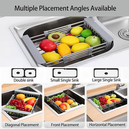 Large Dish Drying Rack for Kitchen Counter/Sink, Expandable Stainless Steel Sink Organization and Storage Essentials, Home and Appartment Decor, 8.86" W x 11.22"-18.5" L,Grey