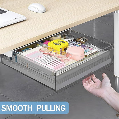 Large Under Desk Table Drawer Storage Organizer A4, Hidden Self-Adhesive Under Desk Pencil Tray Drawer for Office (Clear Black/L)