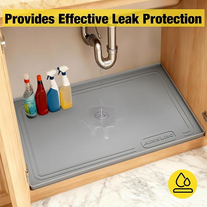 Aisslro Under Sink Mat 28" X 19", Waterproof Silicone Under Sink Mats for Kitchen, Anti-Leak Shelf Liner & Cabinet Protector with Raised Edge, [BPA Free] Bathroom Tray Home Organizer, Dark Gray