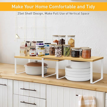 Cabinet Shelf Organizers, 15.7 inches Large Kitchen Counter Shelf, Set of 2 Wood Kitchen Pantry Organizer, Storage Shelves for Countertop, Spice Rack, Stackable, Expandable, Metal White, Nature