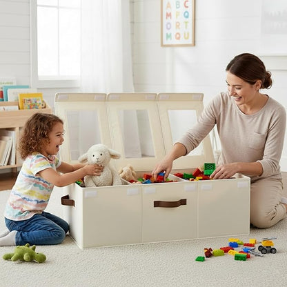 StorageWorks Large Toy Storage Bins with Lids, Collapsible Sturdy Toy Chests, Storage Chests with Dividers for Nursery, Living Room, Playroom, Bedroom, Beige, 2-Pack