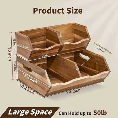 Acacia Wood Pantry Storage Bins, Stackable Storage Baskets Potato and Onion Storage Bins, Pantry Organizer Wooden Baskets Organization and Storage, Set 3 Pieces