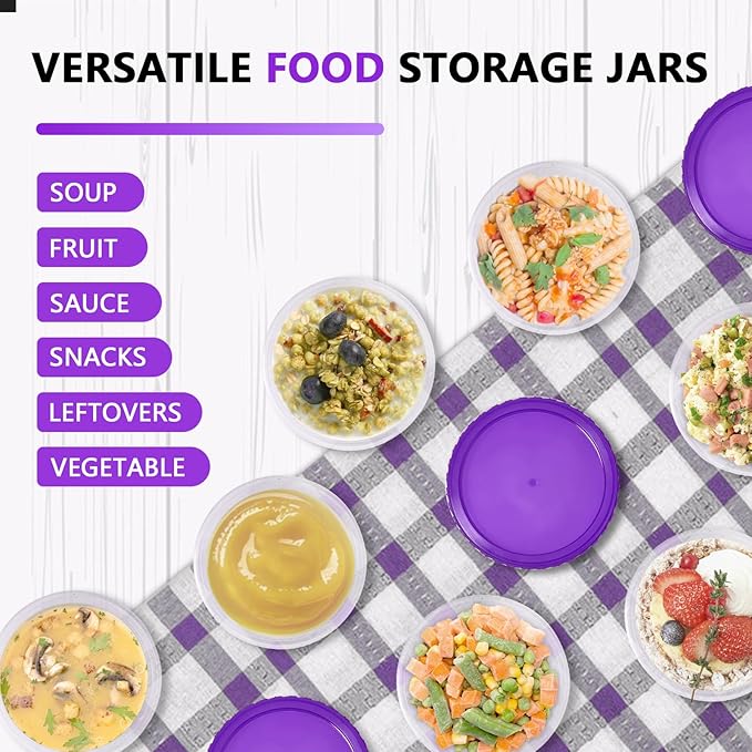 Slomg 10 Pack 16 oz Freezer Storage Containers with Purple Twist Top Lids, Small Plastic Food Storage Soup Meal Prep Containers, Leakproof Overnight Quart Containers for Lunch Leftover Fruit Salad Oat