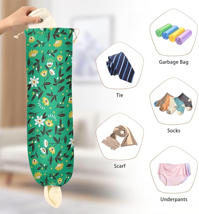 1 PC Plastic Bag Holder Wall Mount Grocery Bag Holder Shopping Bag Trash Bag Storage Organizer Dispenser for Kitchen Closet 22 x 9 Inch Small Flowers Green