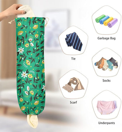 2 PCS Plastic Bag Holder - Wall Mount Grocery & Trash Bag Storage Organizer - 22 x 9 Inch - Small Flowers - Green