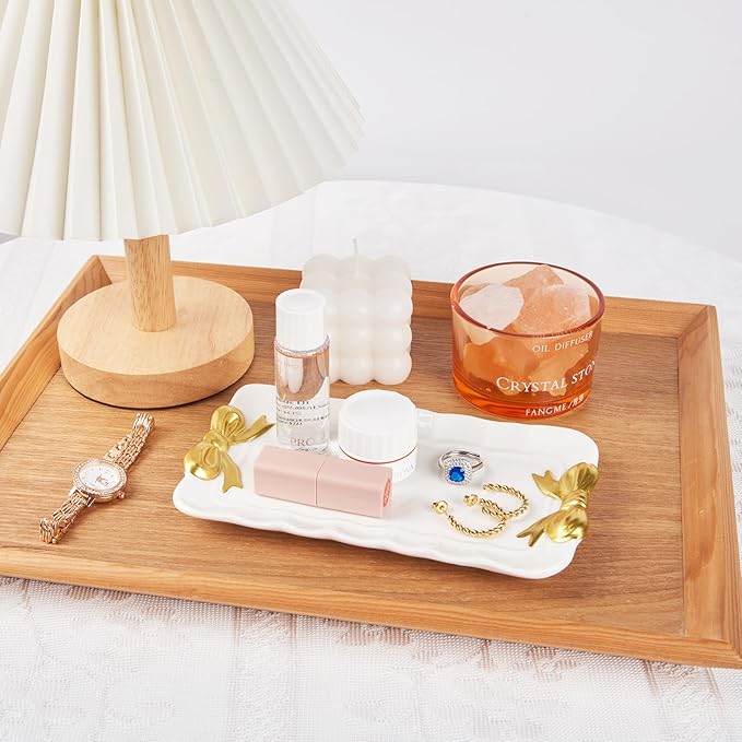 COZITED Bow Jewelry Tray Ceramic Trinket Dish for Rings Earrings Necklaces Bracelet Watch Keys, Ring Dish Plate Key Bowl Room Decor Aesthetic Vanity Perfume Tray, Gifts for Women, 6.69"