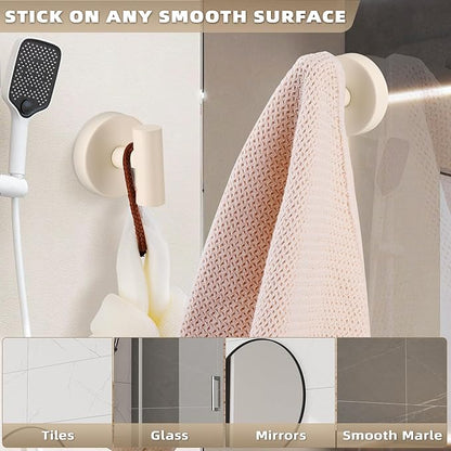 Fenas Suction Cup Hooks for Shower - Bathroom Reusable Hooks for Towels, Robes & Loofah - No-Drill Mounting on Kitchen,Walls,Metal,Glass,Mirrors,Tile & Smooth Non-Porous Surfaces (2, Milk White)