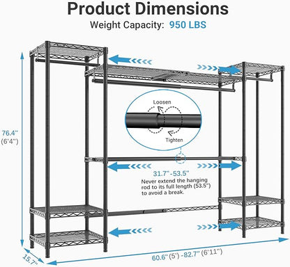 VIPEK X30 Expandable Clothes Rack Adjustable from 5' to 6'11", 950lbs Capacity Heavy Duty Portable Closet with 4 Hanger Rods & 7 Wire Shelves, Metal Wardrobe System for Reach-in Closet, Black