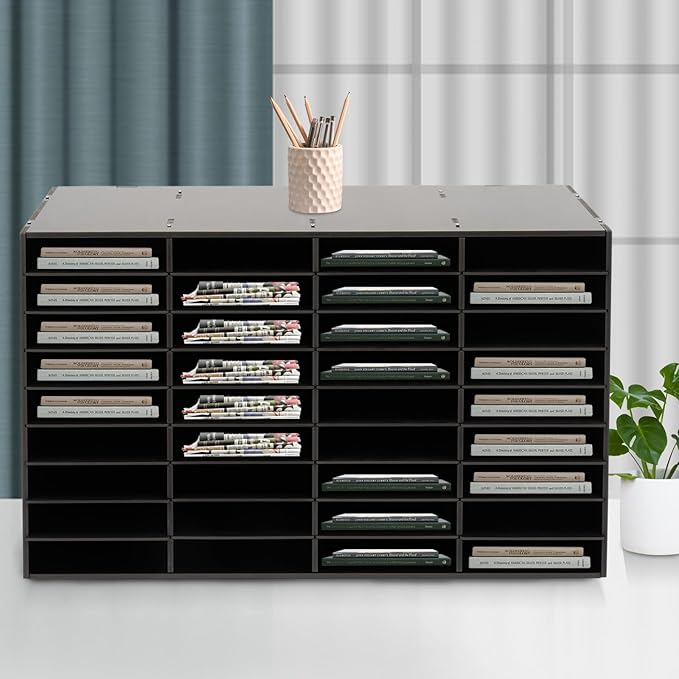 36 Slots Literature Organizer, Desktop Paper & Mail File Sorter for Classroom/Office/Home, PVC File Storage Cabinet with Adjustable Compartments, Multi-Purpose Mail Center (Black-36 Compartments)