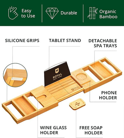 ROYAL CRAFT WOOD Bathtub Tray Caddy for Tub, Bamboo Bath Shelf, Premium Foldable Wood Bath Table, Expandable Bathtub & Bathroom Accessories, New Home Gifts for Mom, Housewarming, Anniversary, Wedding