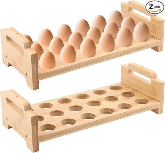 KEILEOHO 2 Pack Egg Holder Countertop, Stackable Wooden Egg Holder for 36 Fresh Eggs - Farmhouse Kitchen Countertop Organizer, Bamboo Display Rack Fits Duck Chicken Eggs
