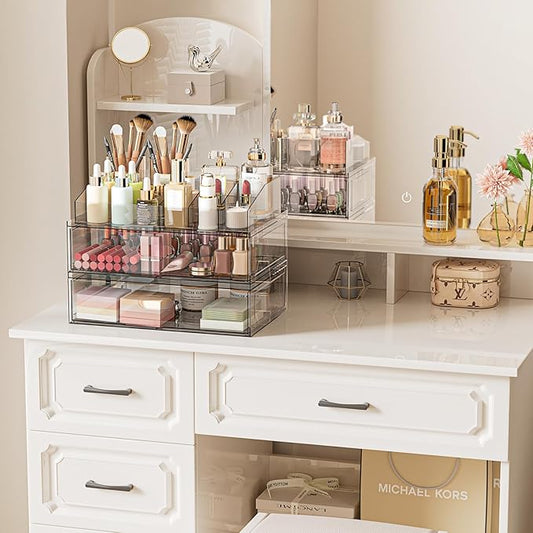 Clear Stackable Makeup Organizer with Drawer, 12''W Acrylic Storage Drawers, Cosmetic Display Case for Vanity Bathroom Countertop, Beauty Holder for Lipstick Brush Skincare Perfume (4 Pack)