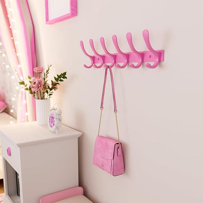 SKOLOO Coat Rack Wall Mounted - 6 Hooks, Heavy Duty, Stainless Steel, Metal Wall Hangers, Sturdy Coat Hooks for Hanging Coats, Jacket, Clothes, Hat, Pink