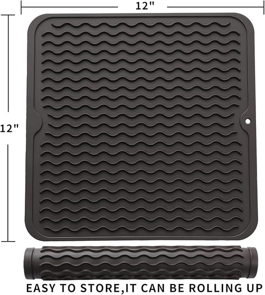 Silicone Dish Drying Mat for Multiple Usage,Easy clean,Eco-friendly,Heat-resistant Silicone Mat for Kitchen Counter or Sink,Refrigerator or Drawer liner Coffee M 12 inches x 12 inches