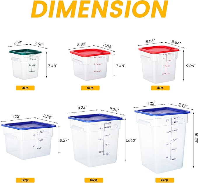 BIEAMA 4 Pack Food Storage Containers, 8 Quart with Lids, Square Commercial Containers with Scale, NSF, Polycarbonate, Clear