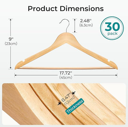 HOUSE DAY Premium Wooden Coat Hangers 30 Pack, Heavy Duty Solid Wood Clothes Hangers with 360° Swivel Hook & Pant Bar for Jackets, Dress, Shirts, Natural Wood Suit Hanger for Closet Organizer